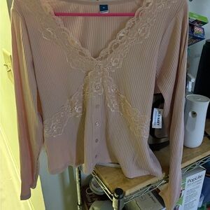 Old Navy Light Pink Ribbed Lace-Trim Button-Front Top